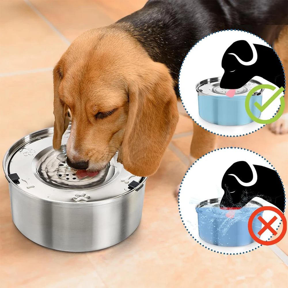 Dog Water Fountain - Stainless Steel Floating Bowl - No Spill Dispenser