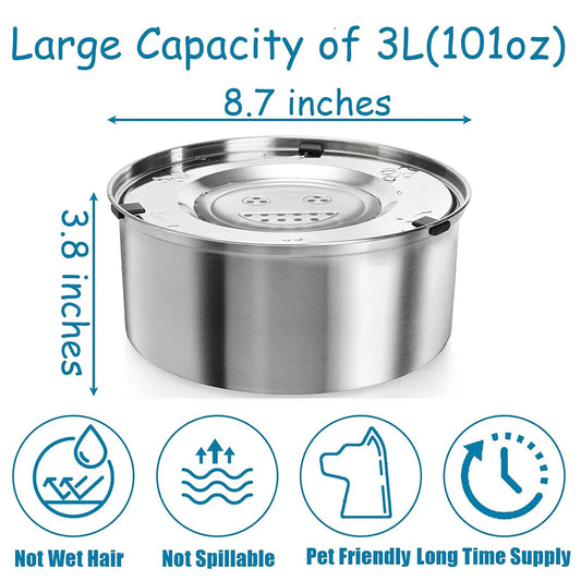 Dog Water Fountain - Stainless Steel Floating Bowl - No Spill Dispenser